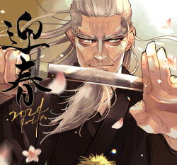 Rule 34 | 1boy, beard, black kimono, dated, facial hair, golden kamuy, hair slicked back, highres, hijikata toshizou (golden kamuy), holding, holding sword, holding weapon, japanese clothes, kimono, long hair, looking at viewer, old, old man, petals, reflection, solo, sword, sword in front of face, upper body, weapon, white hair, yellow eyes, yumi (soak1111)
