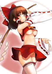 Rule 34 | 1girl, absurdres, bow, breasts, brown hair, cowboy shot, detached sleeves, frilled thighhighs, frills, hair bow, hair tubes, hakurei reimu, highres, kushidama minaka, looking at viewer, medium breasts, microskirt, navel, nipple slip, nipples, no bra, no panties, nontraditional miko, ofuda, pussy, red bow, red eyes, red skirt, revealing clothes, ribbon-trimmed sleeves, ribbon trim, skirt, solo, standing, thighhighs, touhou, uncensored, underboob, white thighhighs