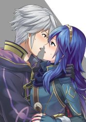 Rule 34 | 1boy, 1girl, ameno (a meno0), bad id, bad twitter id, black gloves, blue eyes, blue gloves, blue hair, bodysuit, brown eyes, couple, eye contact, fingerless gloves, fire emblem, fire emblem awakening, from side, gloves, grey background, imminent kiss, long hair, looking at another, lucina (fire emblem), nintendo, onesie, open mouth, ribbed bodysuit, robin (fire emblem), robin (male) (fire emblem), short hair, silver hair, sweatdrop, sweater, turtleneck, two-tone background, upper body, white background