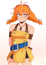 Rule 34 | 1girl, aika (eternal arcadia), anger vein, arms behind back, belt, blue belt, braid, breasts, closed mouth, cowboy shot, darahan, earrings, eternal arcadia, flight goggles, gloves, goggles, jewelry, looking at viewer, medium breasts, orange hair, sega, solo, symbol-only commentary, twin braids, v-shaped eyebrows