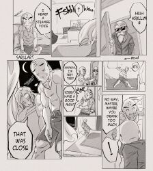 Rule 34 | 1girl, 2boys, absurdres, android 18, artist name, bald, beard, bed, bite mark, comic, commentary, crescent moon, curtains, door, dragon ball, dragonball z, english text, facial hair, facial mark, forehead mark, greyscale, highres, kuririn, lipstick mark, lipstick mark on face, monochrome, moon, multiple boys, muscular, muscular male, muten roushi, nightstand, old, old man, right-to-left comic, sarulart, shorts, sigh, sunglasses, symbol-only commentary, tank top, window