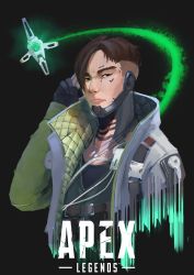 Rule 34 | 1boy, absurdres, apex legends, asian, black background, black gloves, black hair, black shirt, brown eyes, copyright name, cropped torso, crypto (apex legends), drone, frown, gloves, glowing, green vest, hack (apex legends), highres, jacket, jewelry, logo, male focus, necklace, partially fingerless gloves, reborns, shirt, solo, upper body, vest, white jacket