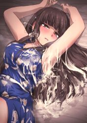Rule 34 | 1girl, absurdres, armpits, black hair, blue dress, blurry, blush, breasts, brown eyes, commission, cum, cum on body, cum on hair, cum on upper body, depth of field, dress, ejaculation, facial, female focus, floral print, highres, huge filesize, idolmaster, idolmaster cinderella girls, kurokawa chiaki, large breasts, long hair, looking at viewer, lying, on back, out of frame, outstretched arms, parted lips, pixiv commission, short dress, solo, tomawarinosuizou