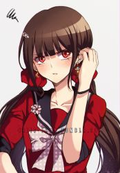 Rule 34 | 1girl, adjusting hair, black hair, blunt bangs, blush, bow, brown hair, collarbone, commentary, crescent, crescent earrings, criis-chan, danganronpa (series), danganronpa v3: killing harmony, earrings, grey background, hair ornament, hair scrunchie, hand in own hair, harukawa maki, jewelry, long hair, looking at viewer, low twintails, mole, mole under eye, pink bow, planet earrings, pleated skirt, red eyes, red scrunchie, red shirt, sailor collar, school uniform, scrunchie, serafuku, shirt, simple background, skirt, sleeves pushed up, solo, star (symbol), star print, symbol-only commentary, twintails, upper body, very long hair, watermark, web address