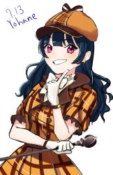 Rule 34 | 1girl, artist name, artist request, blue hair, blush, breasts, brown headwear, brown shirt, collared shirt, detective, detective hat, earrings, female focus, gloves, haewhua, hair bun, hair ornament, hairclip, highres, holding, holding staff, jewelry, long hair, looking at viewer, love live!, love live! school idol festival, love live! school idol festival all stars, love live! sunshine!!, medium breasts, parted lips, purple eyes, shirt, single hair bun, smile, solo, staff, tsushima yoshiko, white background, white gloves