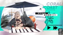 Rule 34 | 1girl, absurdres, alternate costume, arknights, ball, bare legs, bare shoulders, barefoot, beach, beach mat, beachball, bikini, black bikini, breasts, can, character name, chinese commentary, choker, circular saw, commentary request, drink can, fishing rod, full body, grey hair, hair ornament, hand on own chest, highres, huge filesize, infection monitor (arknights), long hair, looking at viewer, medium breasts, orca, parted lips, red eyes, rhodes island logo (arknights), saw, shangguan le hei, sitting, smile, soda bottle, soda can, solo, specter (arknights), stomach, stuffed animal, stuffed shark, stuffed toy, surfboard, swimsuit, thigh strap, thighs, translation request, umbrella, very long hair, wariza, weapon