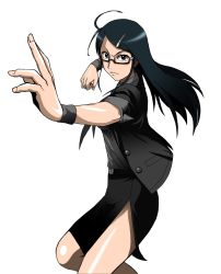 Rule 34 | 1girl, fighting stance, glasses, highres, long hair, simple background, takaya n, white background