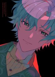 Rule 34 | 1boy, black background, blue hair, closed mouth, english text, figaro garcia, green eyes, green jacket, highres, jacket, looking at viewer, mahoutsukai no yakusoku, male focus, multicolored background, piza-chan, red background, shirt, short hair, smile, solo, white shirt