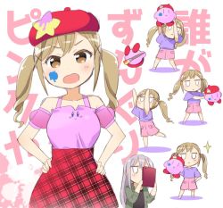 Rule 34 | 2girls, artist kirby, bad id, bad twitter id, bang dream!, bare shoulders, black shirt, blank eyes, blonde hair, blush, brown eyes, detached sleeves, grey hair, hair ornament, hat, hat ornament, ichigaya arisa, jacket, jitome, kirby, kirby (series), long hair, long sleeves, looking at viewer, minato yukina, multiple girls, nintendo, open mouth, paintbrush, phone, pink shirt, pink skirt, plaid, plaid skirt, purple shirt, red hat, see-through, shirt, simple background, skirt, star (symbol), star hat ornament, stuffed toy, text focus, toto nemigi, translation request, twintails, voice actor connection, white background, x hair ornament