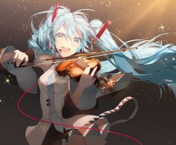 Rule 34 | 1girl, aqua eyes, aqua hair, aqua necktie, bare shoulders, belt, black skirt, blouse, blush, bow (music), cable, commentary, detached sleeves, hair ornament, hatsune miku, headphones, headset, highres, holding, holding instrument, holding violin, instrument, light blush, long hair, looking at viewer, microphone, music, nail polish, necktie, playing instrument, saihate (d3), shirt, skirt, sleeveless, sleeveless shirt, smile, solo, sparkle, spotlight, thighhighs, twintails, upper body, very long hair, violin, vocaloid, white shirt