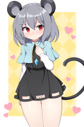 Rule 34 | 1girl, :/, animal ears, blush, cameltoe, capelet, cleft of venus, dress, flat chest, grey dress, grey hair, grey vest, hair between eyes, hand on own chest, heart, highres, jewelry, layered clothes, long sleeves, looking away, mouse ears, mouse girl, mouse tail, nazrin, panties, panty peek, pantyshot, pendant, red eyes, rizento, shirt, short hair, simple background, skirt, skirt set, solo, sweatdrop, tail, torn clothes, torn dress, touhou, underwear, vest, white panties, white shirt