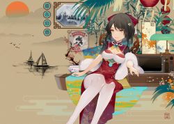 Rule 34 | 1girl, alternate costume, bird, black hair, boat, bow, breasts, brown background, cleavage, commentary request, dress, earrings, feather boa, feet out of frame, grey eyes, hair between eyes, hair bow, hakurei reimu, highres, jewelry, lamp, lantern, medium breasts, nail polish, pantyhose, paper lantern, red bow, red dress, red nails, reeh (yukuri130), short hair, short sleeves, sitting, smile, solo, sun, swept bangs, television, thighs, touhou, translation request, vase, watercraft, white pantyhose, yellow neckwear