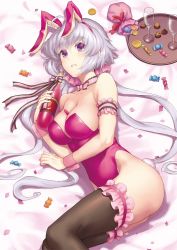 Rule 34 | 10s, 1girl, ahoge, animal ears, arm garter, armband, ass, bare shoulders, bed sheet, between breasts, black thighhighs, blush, bottle, breasts, candy, chocolate, choker, cleavage, commentary, cup, drinking glass, fake animal ears, food, holding, holding bottle, large breasts, leotard, long hair, looking at viewer, lying, necktie, on side, parted lips, playboy bunny, purple eyes, rabbit ears, rabbit tail, sabu (sabudenego), senki zesshou symphogear, silver hair, solo, tail, thighhighs, tray, twintails, wine bottle, wine glass, wrist cuffs, yukine chris