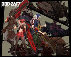 Rule 34 | 10s, alisa ilinichina amiella, amamiya rindou, aragami, arm behind head, arm up, black footwear, black gloves, black hair, black legwear, blue eyes, boots, breasts, chiot (god eater), elbow gloves, fingerless gloves, gloves, god eater, god eater burst, holding, holding weapon, huge weapon, itouei, large breasts, long hair, looking at viewer, monster, multiple boys, multiple girls, open mouth, over shoulder, pantyhose, short hair, skirt, soma schicksal, suspender skirt, suspenders, sword, thigh boots, thighhighs, weapon, white hair