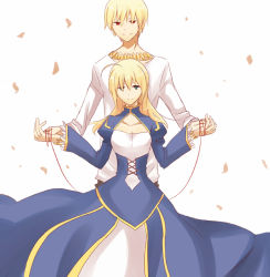 Rule 34 | 1boy, 1girl, artoria pendragon (all), artoria pendragon (fate), blonde hair, bracelet, dinikee, dress, fate/stay night, fate/zero, fate (series), gilgamesh (fate), green eyes, hair down, hetero, holding hands, jewelry, long hair, necklace, official alternate costume, petals, red eyes, saber (fate), short hair, string, string of fate, white background