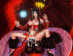 Rule 34 | 1girl, ahegao, ahri (league of legends), animal ears, breasts, clothed sex, cum, cum in pussy, held up, large breasts, league of legends, malphite, monster, multiple tails, rolling eyes, sex, tail, vaginal