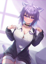 Rule 34 | 1girl, absurdres, ahoge, animal ear fluff, animal ears, black collar, black jacket, blue hair, blush, breasts, cat ears, cat girl, cat tail, cleavage, closed mouth, collar, collarbone, colored inner hair, dress shirt, hair between eyes, highres, hololive, jacket, large breasts, long sleeves, looking at viewer, multicolored hair, neko punch (user hddm3373), nekomata okayu, nekomata okayu (oversized shirt), open clothes, open jacket, purple eyes, purple hair, shirt, short hair, sitting, smile, solo, tail, virtual youtuber, white shirt