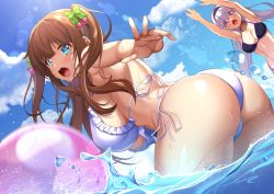 Rule 34 | .live, ass, ball, beachball, biro-budou, blue eyes, breasts, brown hair, carro pino, cleavage, collarbone, commentary request, hair ornament, headband, highres, kakyouin chieri, large breasts, lens flare, long hair, looking at viewer, ocean, open mouth, purple eyes, purple hair, sky, swimsuit, virtual youtuber, water