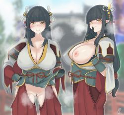 Rule 34 | 2girls, berserkert, breasts, censored, cleavage, cleft of venus, clothing cutout, exhibitionism, female pubic hair, finger to mouth, gauntlets, hair ornament, highres, hime cut, hinoa, japanese clothes, kimono, kimono pull, large breasts, miko, minoto, mole, mole on breast, monster hunter (series), monster hunter rise, multiple girls, nipples, no bra, no panties, pointy ears, pubic hair, public indecency, pussy, rope belt, shushing, siblings, sisters, steaming body, twins, yellow eyes