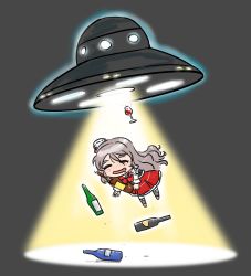 Rule 34 | 10s, 1girl, abduction, blush, blush stickers, bottle, commentary request, cup, drinking glass, drunk, energy, energy beam, eyebrows, closed eyes, floating, flying saucer, grey background, grey hair, hair between eyes, hat, kantai collection, light, long hair, long sleeves, mini hat, open mouth, pola (kancolle), red skirt, ribbon, seiran (mousouchiku), shirt, skirt, smile, solo, spacecraft, thick eyebrows, ufo, wavy hair, wavy mouth, white shirt, wine glass