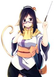 Rule 34 | 1girl, absurdly long hair, ainu clothes, animal ears, aquaplus, arms up, black hair, breasts, cat tail, dress, glasses, gradient eyes, hair ornament, high ponytail, highres, kuon (utawarerumono), large breasts, layered sleeves, long hair, long sleeves, looking at viewer, low-tied long hair, multicolored eyes, open mouth, orange eyes, orange sash, ponytail, sash, scarf, side slit, sidelocks, solo, standing, swept bangs, tail, teacher, thighs, utawarerumono, utawarerumono: itsuwari no kamen, very long hair, white tail, wide sleeves, yellow scarf, zarashi