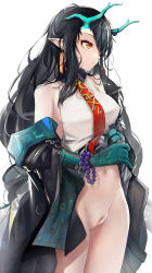 Rule 34 | 1girl, absurdres, arknights, ass, black hair, cleft of venus, coat, dress, dusk (arknights), earrings, hair between eyes, has bad revision, has censored revision, highres, horns, jewelry, long hair, necktie, nopetroto, pointy ears, pussy, red eyes, simple background, solo, spread pussy, tail, white background, white dress