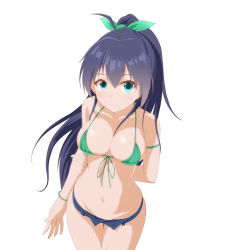 1girl antenna_hair bikini bikini_top_only black_hair blue_eyes blush breasts cleavage denim denim_shorts female_focus ganaha_hibiki hair_ribbon idolmaster idolmaster_(classic) long_hair looking_at_viewer navel ponytail ribbon shorts smile solo swimsuit taka_(takahirokun)