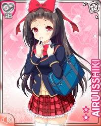 Rule 34 | 1girl, :o, bag, black hair, blue jacket, bow, character name, crossover, girlfriend (kari), hair bow, isshiki airu, jacket, long hair, official art, open mouth, pink background, plaid, plaid skirt, qp:flapper, red bow, red eyes, red skirt, school uniform, shirt, skirt, tagme, vest, white shirt, yellow vest