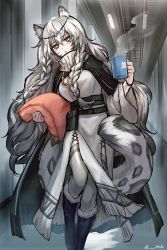 Rule 34 | absurdres, animal ear fluff, animal ears, arknights, bead necklace, beads, bell, black cape, braid, cape, cup, dress, grey eyes, grey hair, head chain, highres, holding, holding bell, holding cup, jewelry, leopard ears, leopard girl, leopard tail, long hair, long sleeves, mug, necklace, pramanix (arknights), side braids, snow leopard, solo, steam, tail, turtleneck, turtleneck dress