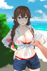 Rule 34 | 1boy, 1girl, :o, anger vein, areola slip, beach, bikini, bikini under clothes, blue eyes, blue shorts, blush, braid, breast poke, breasts, brown hair, bush, cleavage, cloud, day, front-tie top, fugu custom, hair ribbon, hand on own hip, highres, kantai collection, large breasts, long hair, navel, noshiro (kancolle), outdoors, parted lips, pink ribbon, poking, pov, red bikini, ribbon, shirt, shorts, sky, solo focus, speech bubble, standing, sweat, swimsuit, translation request, twin braids, twitter username, water, white shirt