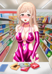 Rule 34 | 1girl, absurdres, bare shoulders, bench, blonde hair, blush, bodycon, box, breasts, bridal gauntlets, brown eyes, cash register, choker, cleavage, clothing cutout, collarbone, condom box, covered erect nipples, dress, ear blush, elbow gloves, english text, female focus, gloves, green panties, half-closed eyes, harigane mutsumi (harigane623), heart, heart choker, highres, idolmaster, idolmaster shiny colors, indoors, japanese text, large breasts, long hair, looking at viewer, navel cutout, navel piercing, nose blush, o-ring dress, okamoto condoms, open mouth, panties, panty peek, piercing, pink choker, pink dress, pink gloves, sakuragi mano, shiny clothes, shop, shopping, side cutout, sidelocks, skindentation, sleeveless, sleeveless dress, solo, standing, storefront, string panties, tears, teeth, textless version, tongue, translation request, underwear