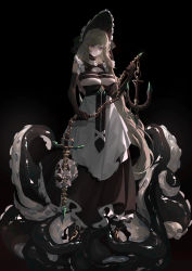 Rule 34 | 1girl, absurdres, black background, breasts, cleavage, closed mouth, commentary, commentary request, copyright request, dress, full body, gloves, hair between eyes, hat, highres, jewelry, long hair, looking at viewer, monster girl, mrilsweet, neck ring, scylla, simple background, skull, solo, standing, tagme, tentacles, weapon request, white dress