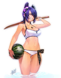 Rule 34 | 10s, 1girl, azusa (hws), bikini, bokken, breasts, cowboy shot, dated, eyepatch, food, fruit, hair over one eye, headgear, highres, jewelry, kantai collection, navel, necklace, purple hair, short hair, signature, simple background, smile, solo, swimsuit, sword, tenryuu (kancolle), wading, water, watermelon, weapon, white background, white bikini, wooden sword, yellow eyes