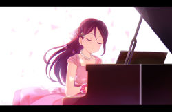 Rule 34 | 1girl, blush, closed eyes, dress, earrings, hair between eyes, half updo, highres, instrument, jewelry, letterboxed, long hair, love live!, love live! school idol festival, love live! sunshine!!, maroon hair, music, necklace, parted bangs, pearl earrings, piano, sakurauchi riko, simple background, smile, solo, white background