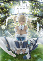 Rule 34 | 1girl, alternate breast size, barbara (genshin impact), bare shoulders, blonde hair, blue eyes, boots, unworn boots, breasts, cleavage, detached collar, detached sleeves, dress, drill hair, unworn footwear, genshin impact, grass, large breasts, outdoors, priestess, rain wzq, sitting, thighhighs, twintails, white dress, white headwear, white sleeves, white thighhighs