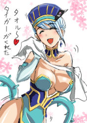 Rule 34 | 10s, 1girl, bare shoulders, blue hair, blue rose (tiger &amp; bunny), blush, breasts, choker, earrings, elbow gloves, closed eyes, gloves, hat, heart, jewelry, karina lyle, lipstick, makeup, open mouth, pixiv sample, sennoyume, tiger &amp; bunny, towel