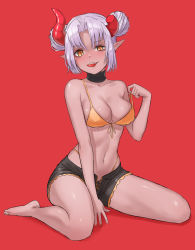 Rule 34 | 1girl, absurdres, bare arms, bare legs, bare shoulders, barefoot, between legs, bikini, black shorts, blush, breasts, broken horn, cleavage, collarbone, commentary, commission, cp (tlstjdghek), demon girl, demon horns, double bun, english commentary, front-tie bikini top, front-tie top, full body, hair bun, hand between legs, highres, horns, looking at viewer, medium breasts, open clothes, open fly, open mouth, open shorts, orange bikini, orange ribbon, original, parted bangs, pixiv commission, pointy ears, pulled by self, red background, ribbon, short hair, short shorts, shorts, silver hair, simple background, sitting, slit pupils, solo, strap pull, swimsuit, teeth, tongue, tongue out, upper teeth only, wariza