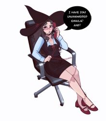 Rule 34 | 1girl, black choker, black eyes, black hat, black skirt, blue shirt, breasts, chair, choker, cleavage, commentary, curly hair, english commentary, english text, full body, glasses, hat, highres, holding, holding phone, long hair, looking at viewer, medium breasts, miaormoa, office chair, office lady, on chair, open mouth, original, pencil skirt, phone, red footwear, shirt, simple background, sitting, skirt, solo, speech bubble, swivel chair, teeth, upper teeth only, white background, wire, witch, witch hat
