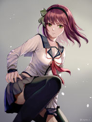 Rule 34 | 1girl, angel beats!, bad id, bad pixiv id, black skirt, black thighhighs, blue collar, breasts, collar, commentary request, expressionless, feet out of frame, gradient background, green eyes, green ribbon, grey background, hair ribbon, hand on own hip, highres, light particles, long sleeves, looking at viewer, medium hair, neckerchief, on one knee, partial commentary, pleated skirt, purple hair, red neckerchief, red ribbon, ribbon, school uniform, serafuku, shirt, simple background, skirt, small breasts, solo, soyubee, thighhighs, twitter username, white shirt, nakamura yuri