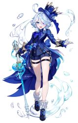 Rule 34 | 1girl, ahoge, air bubble, artist name, ascot, asymmetrical gloves, black footwear, black gloves, black shorts, blue ascot, blue bow, blue brooch, blue eyes, blue hair, blue hat, blue jacket, bow, bubble, commentary request, full body, furina (genshin impact), genshin impact, gloves, hair between eyes, hat, heterochromia, highres, jacket, legs, light blue hair, looking at viewer, multicolored hair, open mouth, short hair, shorts, sidelocks, simple background, smile, socks, solo, standing, streaked hair, top hat, two-tone hair, unapoppo, water, white background, white gloves, white socks