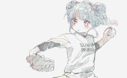 Rule 34 | 1girl, ball, baseball, baseball (object), baseball glove, black shirt, blush, braid, breasts, cha ipride, clothes writing, commentary request, double bun, english text, grey background, grey hair, hair bun, holding, holding ball, hyodou shizuku, idoly pride, layered sleeves, long sleeves, looking to the side, pants, parted lips, red eyes, shirt, short over long sleeves, short sleeves, simple background, small breasts, solo, undershirt, white pants, white shirt