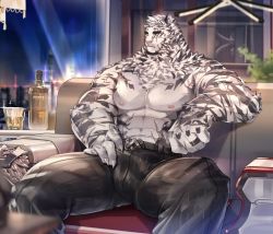 Rule 34 | 1boy, abs, animal ears, arknights, bara, black pants, bulge, feet out of frame, furry, furry male, indoors, jidibeng (syzenss), large pectorals, looking to the side, male focus, mountain (arknights), muscular, muscular male, nipples, office, official alternate costume, pants, pectorals, scar, scar across eye, scar on face, topless male, short hair, sitting, solo, spread legs, thick thighs, thighs, tiger boy, tiger ears, tiger stripes, white fur