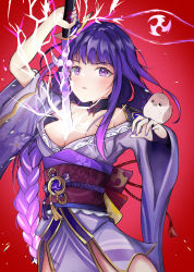 Rule 34 | 1girl, absurdres, animal, animal on arm, arm up, bird, bird on arm, blush, braid, breasts, bridal gauntlets, cleavage, commentary, electricity, english commentary, floral print, genshin impact, hair ornament, highres, holding, holding sword, holding weapon, huge filesize, human scabbard, japanese clothes, jei jason, katana, kimono, large breasts, long hair, long sleeves, looking at viewer, mitsudomoe (shape), mole, mole under eye, nail polish, open mouth, parted lips, purple eyes, purple hair, purple nails, raiden shogun, red background, ribbon, sash, simple background, solo, sword, tassel, tomoe (symbol), weapon, wide sleeves