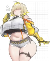 Rule 34 | 1girl, :3, ahoge, black gloves, black sports bra, blonde hair, breasts, closed mouth, clothing cutout, crop top, crop top overhang, cropped sweater, elegg (nikke), exposed pocket, gloves, goddess of victory: nikke, grey shorts, hair intakes, hair over eyes, highres, kelvin hiu, large breasts, long bangs, long sleeves, micro shorts, multicolored clothes, multicolored gloves, multicolored hair, navel, plump, short hair, shorts, shoulder cutout, solo, sports bra, suspender shorts, suspenders, thigh strap, two-tone hair, yellow gloves