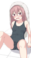 Rule 34 | 1girl, absurdres, bare arms, bare shoulders, black one-piece swimsuit, blush, breasts, collarbone, commentary request, feet out of frame, hair between eyes, highres, inui sajuna, knees up, long hair, looking at viewer, old school swimsuit, one-piece swimsuit, open mouth, pink hair, purple eyes, school swimsuit, small breasts, solo, sono bisque doll wa koi wo suru, swimsuit, takasuma hiro, towel, towel on head, wavy mouth, white background