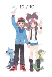 Rule 34 | 1boy, 1girl, :d, absurdres, antenna hair, arm up, black footwear, black vest, blue jacket, blue shorts, boots, brown eyes, brown hair, closed mouth, commentary request, creatures (company), dewott, exposed pocket, game freak, gen 5 pokemon, hat, highres, hilbert (pokemon), hilda (pokemon), hime (himetya105), holding hands, index finger raised, jacket, knees, long hair, long sleeves, nintendo, notice lines, open clothes, open mouth, open vest, pants, pokemon, pokemon (creature), pokemon bw, red hat, servine, shirt, shoes, shorts, sidelocks, sleeveless, sleeveless shirt, smile, standing, vest, white shirt