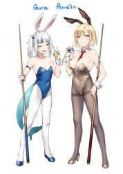 Rule 34 | 2girls, alternate costume, animal ears, ball, billiard ball, blonde hair, blue eyes, blue footwear, blue leotard, blush, breasts, character name, cleavage, covered navel, cue stick, detached collar, fins, fish tail, gawr gura, grey footwear, grey leotard, high heels, hololive, hololive english, large breasts, leotard, looking at viewer, multicolored hair, multiple girls, necktie, one eye closed, pantyhose, playboy bunny, rabbit ears, red necktie, shark tail, side ponytail, small breasts, smile, tail, thighband pantyhose, v, virtual youtuber, watson amelia, white background, white hair, wrist cuffs, zen juraku