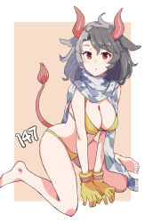 Rule 34 | 1girl, animal ears, bikini, breasts, cleavage, cow ears, cow girl, cow tail, gloves, highres, horns, jack (wkm74959), multicolored hair, one-hour drawing challenge, red eyes, red horns, scale print, scales, solo, swimsuit, tail, touhou, two-tone hair, ushizaki urumi, yellow bikini, yellow gloves