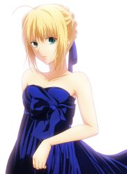 Rule 34 | 1girl, ahoge, alternate costume, artoria pendragon (all), artoria pendragon (fate), bad id, bad pixiv id, bare shoulders, blonde hair, blue dress, dress, fate/stay night, fate (series), formal, green eyes, hair ribbon, pochi-a, ribbon, saber (fate), solo, strapless, strapless dress