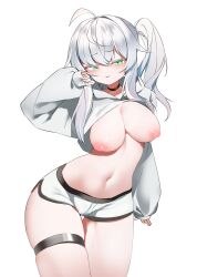Rule 34 | 1girl, absurdres, ahoge, black choker, blush, breasts, choker, cowboy shot, green eyes, grey hair, hand up, highres, hood, hood down, hoodie, inverted nipples, large breasts, long sleeves, looking at viewer, navel, nipples, original, parted lips, short shorts, shorts, side ponytail, silday, simple background, skindentation, sleeves past wrists, smile, solo, stomach, thigh gap, thigh strap, white background, white hoodie, white shorts